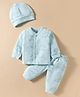 I Bears Fleece Knit Full Sleeves Winter Wear T-Shirt & Joggers Set With Cap & Animal Print - Light Blue