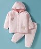I Bears Fleece Knit Full Sleeves Hooded Winter Wear T-Shirt & Joggers Set with Animal Patch Embroidery - Light Pink