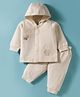 I Bears Fleece Knit Full Sleeves Hooded Winter Wear T-Shirt & Joggers Set with Animal Patch Embroidery - Beige