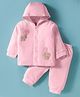 I Bears Fleece Knit Full Sleeves Hooded Winter Wear T-Shirt & Joggers Set with Animal Patch Embroidery - Pink