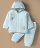 I Bears Fleece Knit Full Sleeves Hooded Winter Wear T-Shirt & Joggers Set with Animal Patch Embroidery - Blue