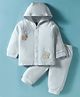 I Bears Fleece Knit Full Sleeves Hooded Winter Wear T-Shirt & Joggers Set with Animal Patch Embroidery - Aqua Blue