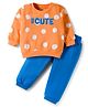 Doodle Poodle 100% Terry Knit Full Sleeves T-Shirt & Lounge Pant Set With Polka Dot Print - Orange & Blue