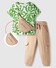 Ollington St. Cotton Half Sleeves Printed T-Shirt & Knit Joggers Set With Pouch Bag- Multicolor & Beige