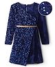 Hola Bonita Knit Full Sleeves Velvet Sequin Asymmetrical Party Dress with Belt - Navy Blue