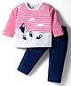 ToffyHouse Interlock Woven Full Sleeves Striped T-Shirt & Lounge Pant Set With Penguin Embroidery - Red & Navy Blue