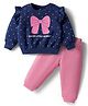 Doodle Poodle 100% Cotton Knit Full Sleeves Top & Joggers Set With Polka Dot & Bow Print - Navy Blue & Pink
