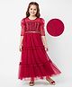 Hola Bonita Knit Glitter Mesh Three Fourth Sleeves  Long Dress & Belt with Sequin - Maroon