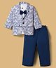 Robo Fry Cotton Woven Full Sleeves Printed Blazer & Trouser With Inner Tee & Bow Applique - Blue
