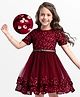 Hola Bonita Knit Half Sleeves  All Over Sequin with Glitter Mesh Dress With Belt -Maroon