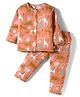 ToffyHouse Knitted Full Sleeves Co-ords Night Suit With Animal Print - Brown