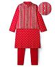 EARTHY TOUCH Single Jersey Knit Full Sleeves Kurta Pyjama & Nehru Jacket Set with Floral Print - Red