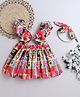 TINY MINY MEE Cotton Woven Half Puffed Sleeves Joy Text Printed Cut Out Detailed Dress With Headband - Multi Colour