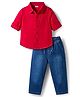 Babyhug Cotton Woven Full Sleeves Solid Color Shirt & Jeans Set - Red & Blue