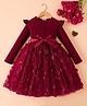 Mark & Mia Full Sleeves Party Dress & Belt with Floral Applique & Frill Detailing - Maroon