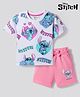 Bonfino Disney Single Jersey Knit Oversize Drop Shoulder Half Sleeves T-Shirt and Shorts Set with Stitch Graphic - White & Pink