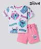 Bonfino Disney Single Jersey Knit Oversize Drop Shoulder Half Sleeves T-Shirt and Shorts Set with Stitch Graphic - White & Pink