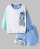 Bonfino Disney Terry Knit Oversize Drop Shoulder Full Sleeves T-Shirt and Shorts Set with Stitch Graphic - White Aqua Blue & Lavender