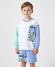 Bonfino Disney Terry Knit Oversize Drop Shoulder Full Sleeves T-Shirt and Shorts Set with Stitch Graphic - White Aqua Blue