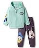 Bonfino Disney Terry Knit Drop Shoulder Full Sleeves Hooded Oversized T-Shirt & Lounge Pant Set with Kangaroo Pocket & Mickey & Friends Graphics - Sea Green