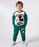 Bonfino Disney Terry Knit Full Raglan Sleeves T-Shirt and Joggers Set with Mickey Mouse Graphic & Pocket Detailing - Dark Green & White