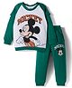 Bonfino Disney Terry Knit Full Raglan Sleeves T-Shirt and Joggers Set with Mickey Mouse Graphic & Pocket Detailing - Dark Green & White