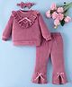 Mark & Mia Full Sleeves Tops & Lounge Pant Set with Headband Frill Detailing & Bow Applique - Plum