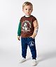 Bonfino Disney Terry Knit Full Sleeves Oversize Drop Shoulder T-Shirt and Joggers Set with Mickey Mouse Graphic - Brown & Navy Blue