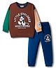 Bonfino Disney Terry Knit Full Sleeves Oversize Drop Shoulder T-Shirt and Joggers Set with Mickey Mouse Graphic - Brown & Navy Blue