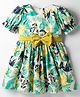 Rassha Half Puffed Sleeves Floral Printed & Bow Applique Detailed Dress - White & Green