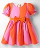 Rassha Half Puffed Sleeves Colour Blocked & Bow Applique Detailed Dress - Pink & Orange