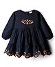 Babyhug Cotton Woven Full Sleeves Frock With Floral Embriodery - Navy Blue