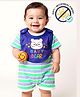 COCOON ORGANICS 100% Cotton Knit Half Sleeves Striped Romper & Baby Bear Text Printed Bib Set - Green Grey & Purple