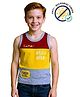 COCOON ORGANICS 100% Cotton Knit Sleeveless Anti Microbial Colour Blocked & Hello Text Printed Stretchable Sports Tee - Yellow Red & Grey Melange