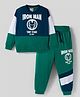 Primo Gino Marvel Terry Knit Oversize Drop Shoulder Full Sleeves Cut & Sew T-Shirt and Joggers Set with Iron-Man Graphic - Dark Green & Navy Blue