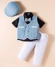 Robo Fry Cotton Woven Full Sleeves 3 Piece Textured Party Suit with Cap & Bow - Light Blue Black