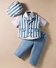 Robo Fry Cotton Woven Knit Full Sleeves 3 Piece Party Suit with Bow & Cap with Stripes - Light Blue & White