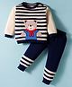 ToffyHouse Cotton Knit Full Sleeves Winter Wear Suits Set With Stripes & Teddy Design - Navy Blue & Cream