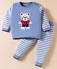 ToffyHouse Cotton Knit Full Striped Sleeves Sweatshirt & Lounge Pant Set with Teddy Print - Light Blue