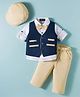 Robo Fry Cotton Woven Full Sleeves 3 Piece Party Suits with Bow & Cap- Navy