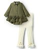 Babyhug Cotton Woven Full Sleeves Frock With Pearl Embellished Leggings & Frill Detailing - Olive Green & White