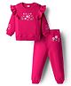 Babyhug Terry Knit Full Sleeves Top & Lounge Pant Co-ord Set With Floral Embroidery - Fuchsia