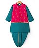 Babyhug Cotton Woven Full Sleeves Kurta Dhoti Set with Borcade Jacket & Floral Embroidery - Teal Blue