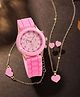 Ziory Solid Analogue Watch With Hearts Designed Beads Embellished Jewellery Combo Set - Pink