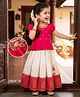 Babyhug Brocade Half Sleeves Pattu Pavda Lehenga Choli Set with Floral Embroidery - Red & Beige