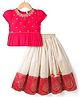 Babyhug Brocade Half Sleeves Pattu Pavda Lehenga Choli Set with Floral Embroidery - Red & Beige