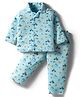 Kookie Kids Interlock Knit Full Sleeves Winter Wear Co-ords Night Suit With Vehicle Print - Blue