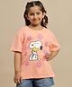 Kidsville Cotton Knit Peanuts Featuring Half Drop Shoulder Sleeves Snoopy Printed Tee - Peach