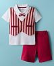 Kookie Kids Interlock Knit Half Sleeves T-Shirts & Shorts with Striped Attached Waistcoat & Bow - Red & White