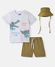 Nautinati Cotton Knit Half Sleeves Alligagtor Printed Tee & Shorts With Bucket Hat Set - Green & White